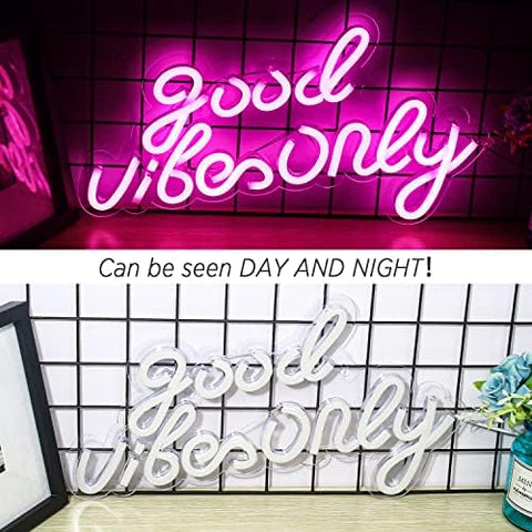 Good Vibes Only Neon Sign Pink LED Word Light Up Sign Neon Wall Lights Signs Acrylic Letters LED Signs for Bedroom Wall Bar Party Decor 16.5" X 9.4"