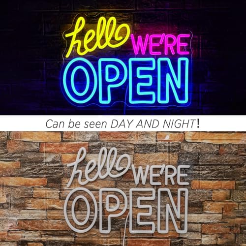 Ineonlife Open Neon Sign, Dimmable Led Light for Wall Decor, Neon Light Up Signs with USB, Blue Yellow Pink Hello We're Open Neon Lights for Business Bar Shop Salon Hotel Cafe Store