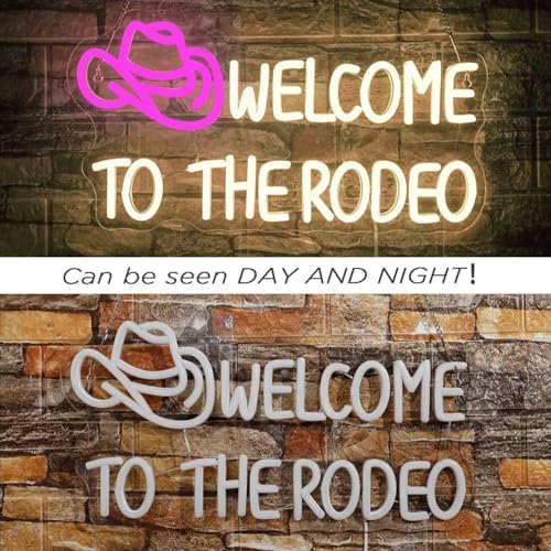 Ineonlife Welcome To The Rodeo Neon Sign, Western Cowboy Hat Neon Light for Wall Decor, Pink Warm White Neon Lights, Dimmable Led USB Light Up Signs for Living Room Man Cave Bar Recreation Room Decor