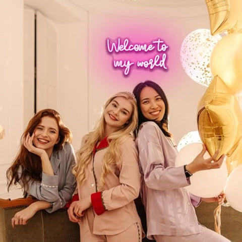 LUCUNSTAR Welcome To My World neon sign, neon letter signs for wall decoration, pink lights signs with USB connection for bedroom, window, playroom, living room