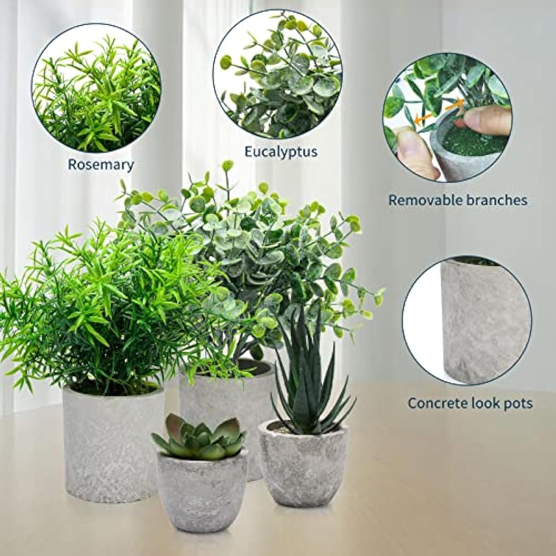 4 Set Artificial Plants Indoors in Pots, Plastic Fake Plants Potted, Eucalyptus, Rosemary, Small Succulents Faux Plants for Office Desk Bedroom Kitchen House Decoration