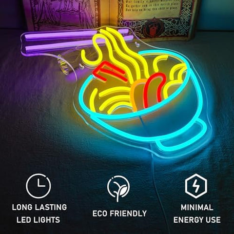 ineonlife Ramen Neon Sign, Blue Bowl Led Neon Lights for Wall Decor, Noodle Light Up Signs for Kitchen Resturant Home Dinning Room Bar Cafe Japanese Noodle Shop Decorations