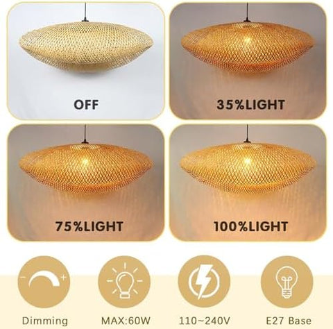 Schindora Boho Pendant Light,Creativity Hat E27 Rattan Lampshade Retro Light Straw Hanging Lights Weaving Pendant Lights for Dining Room Tea Room Living Room,60Cm