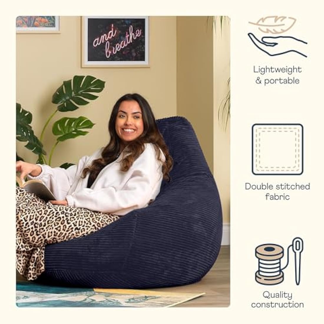 icon Dalton Cord Recliner Bean Bag, Navy Blue, Large Adult Bean Bag Chair with Filling Included, Comfy Chair, Living Room Furniture, Bedroom Furniture