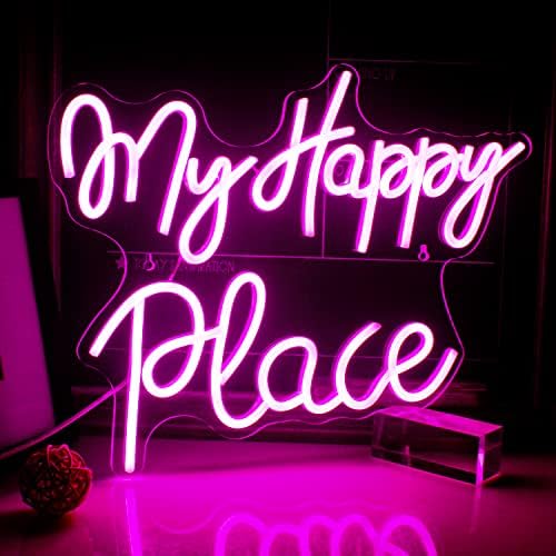 SIGNSHIP My Happy Place neon Sign Led neon Light is Used for Wall Decoration, USB Powered Pink Letters neon Sign Acrylic Art Wall Decoration is Used for Bedroom, Game Room, Living Room, bar