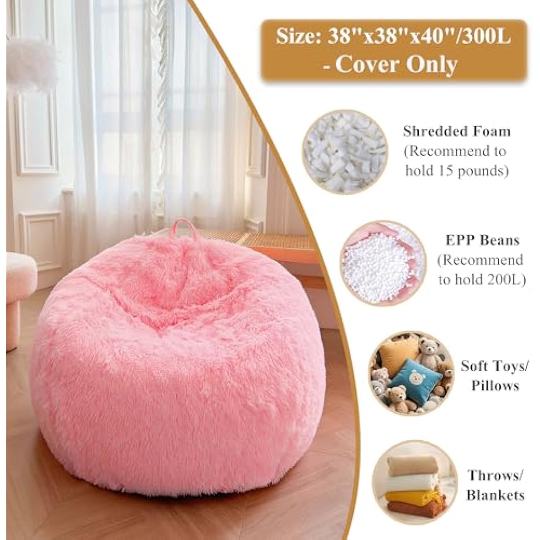 XeGe Faux Fur Comfy Bean Bag Cover for Living Room(No Filler), Fluffy Stuffed Animal Storage Bean Bag Chair Cover Home Decor, Furry Fuzzy Big Gaming Beanbag Cover Adults Kids Girls, Anti-slip, Pink