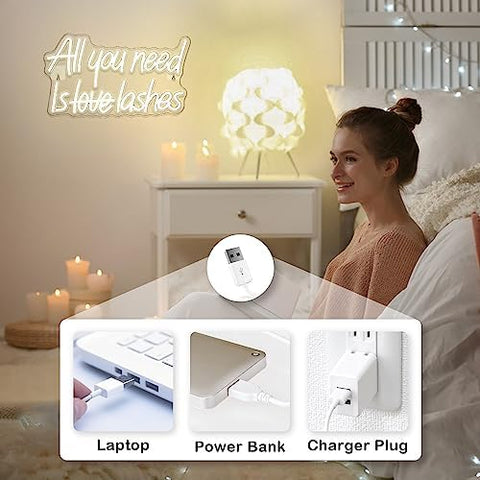 Looklight All You Need is Lashes Neon Sign Lashes Neon Signs for Wall Decor, Light up Signs Warm White Neon Sign USB Letter Neon Light Sign for Bedroom Beauty Girl Room Makeup Room Bar Party