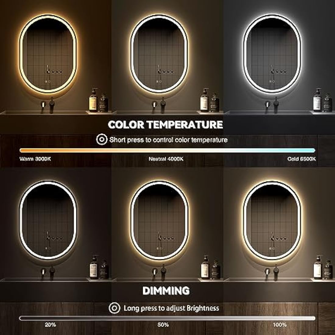 Dripex 500 x 700 mm Bluetooth Oval Bathroom LED Mirror, Illuminated Backlit Wall Mounted Mirror with Demister, Anti-fog, 3 Lighting Modes, Dimming Light, IP44