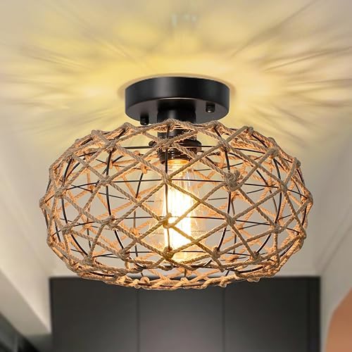 LynPon Boho Ceiling Light Woven Hemp Rope Rattan Cage Wicker Retro Rustic Coastal Semi Flush Mount Light Fixture for Bedroom Hallway Entryway Kitchen