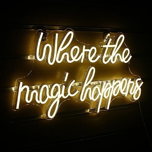 Where The Magic Happens Neon Signs Led White Word Light Up Signs for Wall USB Powered Letter Neon Light Signs Night Light for Bedroom Wedding Birthday Decor Girl Gift