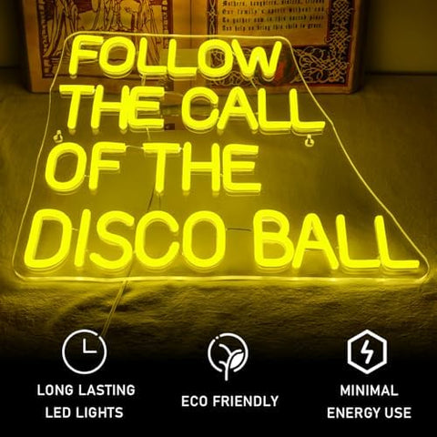ineonlife Follow the Call of the Disco Ball Neon Sign for Wall Decor Dimmable Led Neon Lights 5V/2A USB Lemon Yellow Light Up Sign for Bedroom Party Birthday Wedding Engagement Party Bar Club