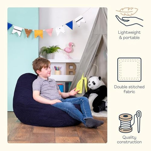 icon Dalton Kids Bean Bag, Navy Blue, Cord Kids Bean Bag Chair with Filling Included for Girls and Boys, Childrens Chair, Beanbags for Children, Playroom Décor, Bedroom Accessories