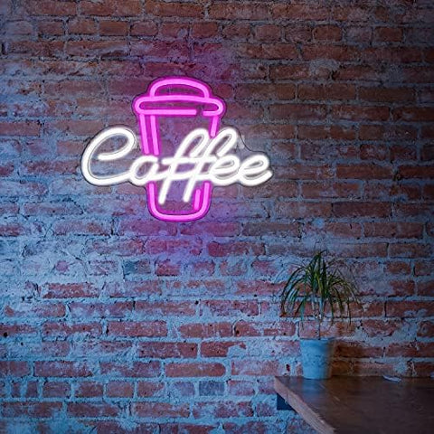 Ineonlife Coffee Neon Light Sign Pink Neon Signs Neon Lights White Open Sign White Letter Light Up Coffee Cup Neon Light Signs for Wall Cafe Bar Restaurant Decor