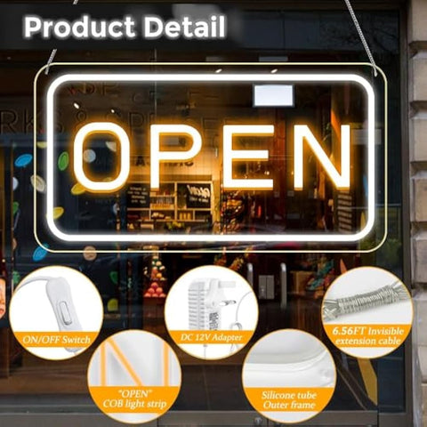 LightingWill LED Neon Open Sign, 23"x 12" Open Signs for Business with 12V On/Off Switch, Light Up Signs for Window, Coffee Shops, Stores, Restaurants Bars Hotel, Yellow/White, Horizontal