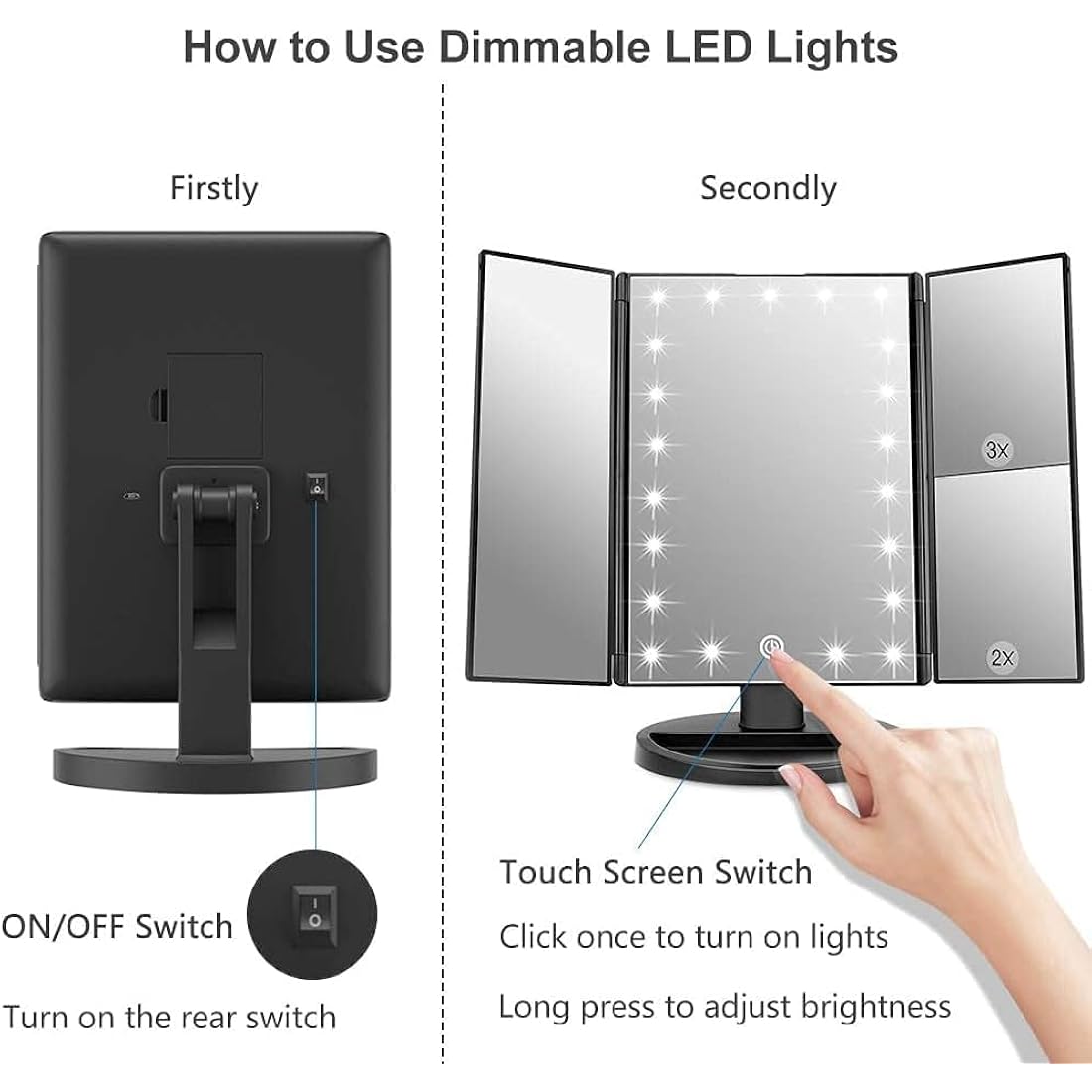 WEILY Lighted Makeup Mirror with 21 LED Lights, Dual Power Supply 2X/3X Magnifying LED, Adjustable Brightness and Angle (Black)