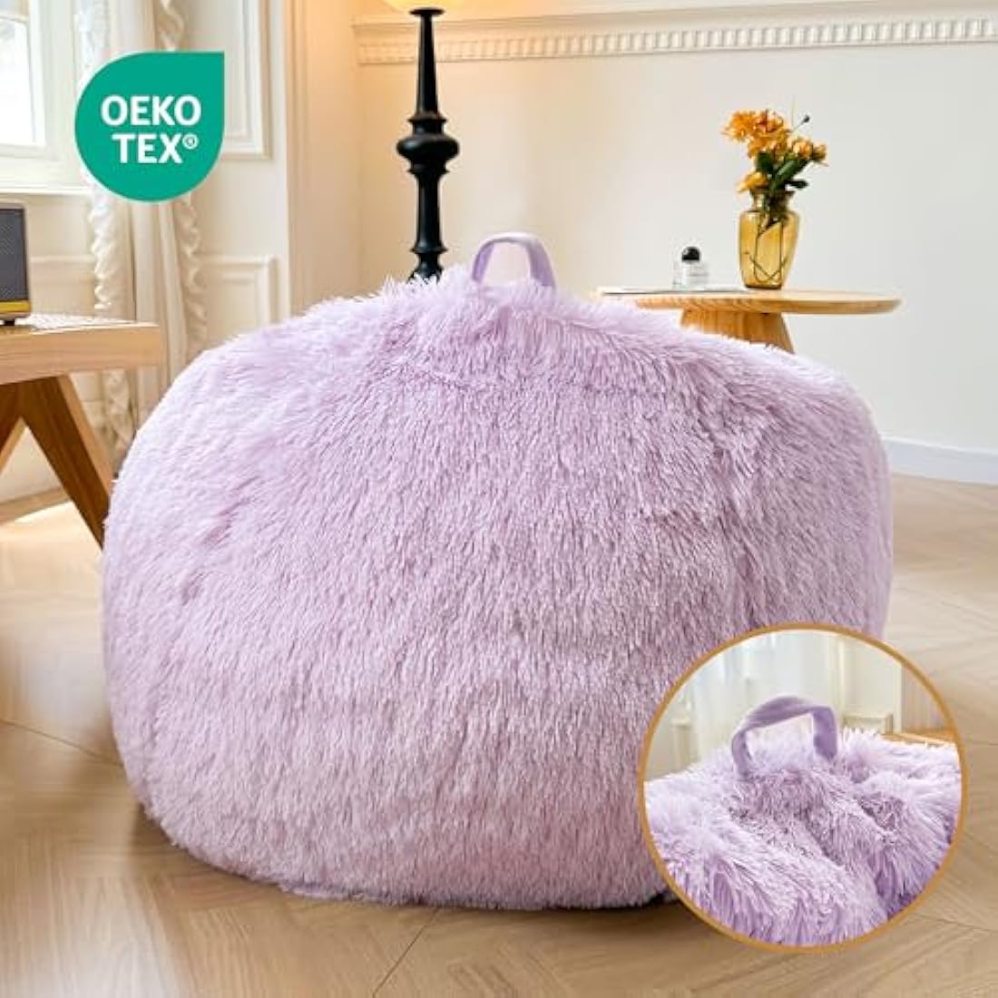 XeGe Faux Fur Comfy Bean Bag Cover for Living Room(No Filler), Fluffy Stuffed Animal Storage Bean Bag Chair Cover Light Purple, Furry Fuzzy Beanbag Cover for Adults Kids Girls, Anti-slip, Lavender