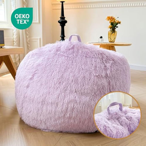 XeGe Faux Fur Comfy Bean Bag Cover for Living Room(No Filler), Fluffy Stuffed Animal Storage Bean Bag Chair Cover Light Purple, Furry Fuzzy Beanbag Cover for Adults Kids Girls, Anti-slip, Lavender