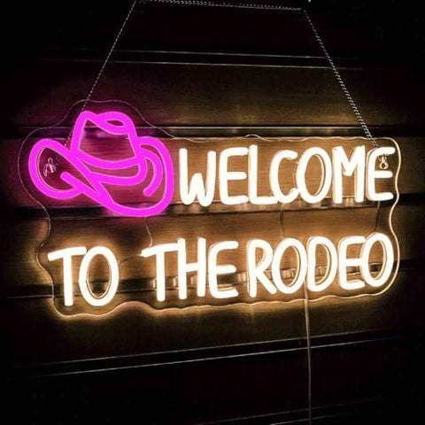 Ineonlife Welcome To The Rodeo Neon Sign, Western Cowboy Hat Neon Light for Wall Decor, Pink Warm White Neon Lights, Dimmable Led USB Light Up Signs for Living Room Man Cave Bar Recreation Room Decor