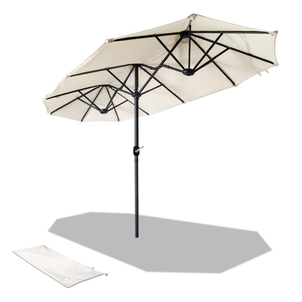 VOUNOT? 3m Double Garden Parasol, Extra Large Rectangular Patio Table Umbrella, with Crank Handle, Protective Cover, UV 50+, Beige