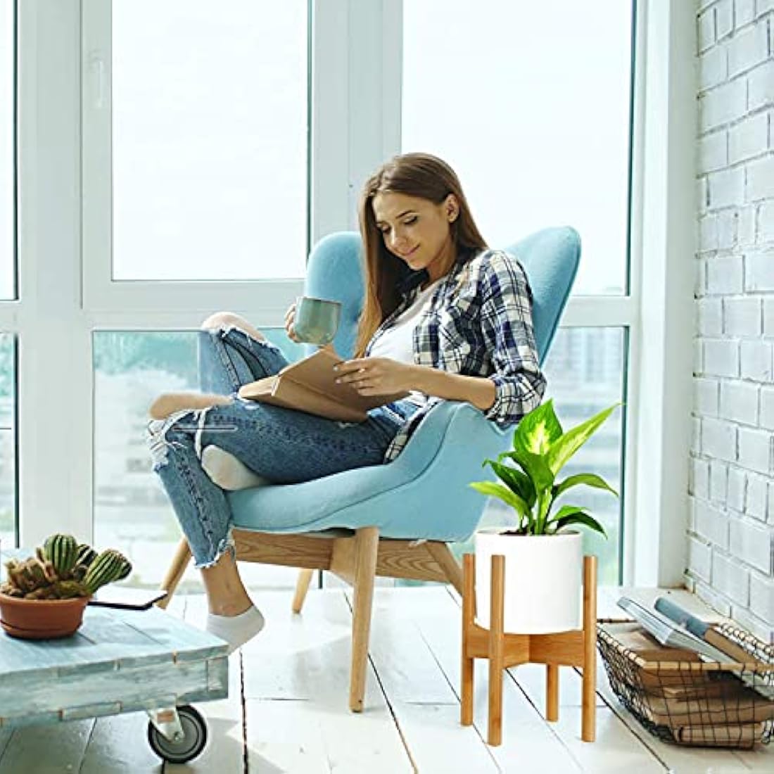 2-Pack Plant Stand, Mid-Century Modern Flower Pot Holder, Flower Pot Holder, Bamboo Adjustable Flower Pot Holder, Indoor Bamboo Modern Plant Holder, Fits Pot Size of 20-30 CM (Plant Pot NOT Included)