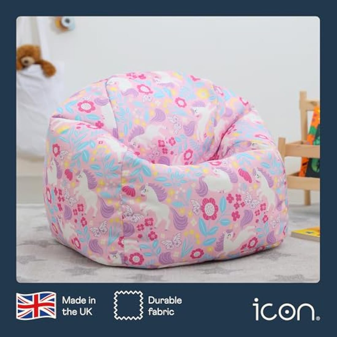 icon Unicorn Print Kids Bean Bag, Kids Bean Bag Chair with Filling Included for Girls and Boys, Childs Chair, Beanbags for Children, Nursery Décor, Playroom Décor, Bedroom Accessories