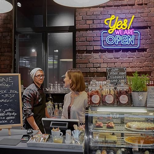 SIGNSHIP Open Neon Sign LED Sign Yes! WE are Open Neon Signs for Wall Decor Yellow&Pink&Blue Open Neon Light Sign Light Up Sign for Bar Restaurant Hotel Shop Club Decor