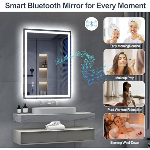 S'bagno Bluetooth-Bathroom-Mirror-with-LED-Lights 800x600mm, LED-Bathroom-Mirror with Defogging Mat, 3000K-6500K, Dimmable, Memory, HD Tempered Glass, IP44 Waterproof, Horizontal/Vertical
