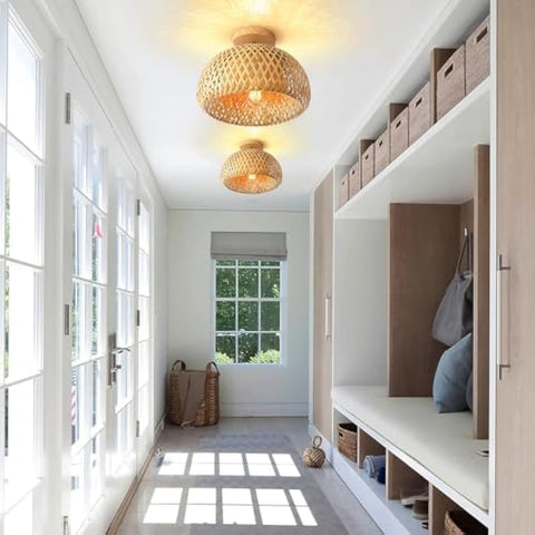 Schindora Bamboo Ceiling Light,Rattan Semi Flush Mount Ceiling Light Fixture,Handmade Boho Rattan Light Fixtures,Farmhouse Light Fixtures for Bedroom Nursery Hallway Corridor Passway