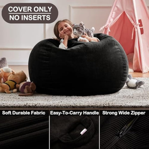 Nobildonna Bean Bag Chair Cover (No Filler) for Kids and Adults. Extra Large 300L Bean Bag Stuffed Animal Storage Washable Soft Premium Corduroy Stuffed Plush Toys Bean Bag Cover (Black)