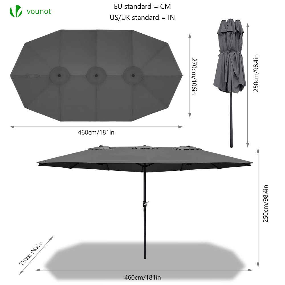 VOUNOT 4.6m Double Garden Parasol, Extra Large Rectangular Patio Table Umbrella, with Crank Handle, Protective Cover, UV 50+, Grey