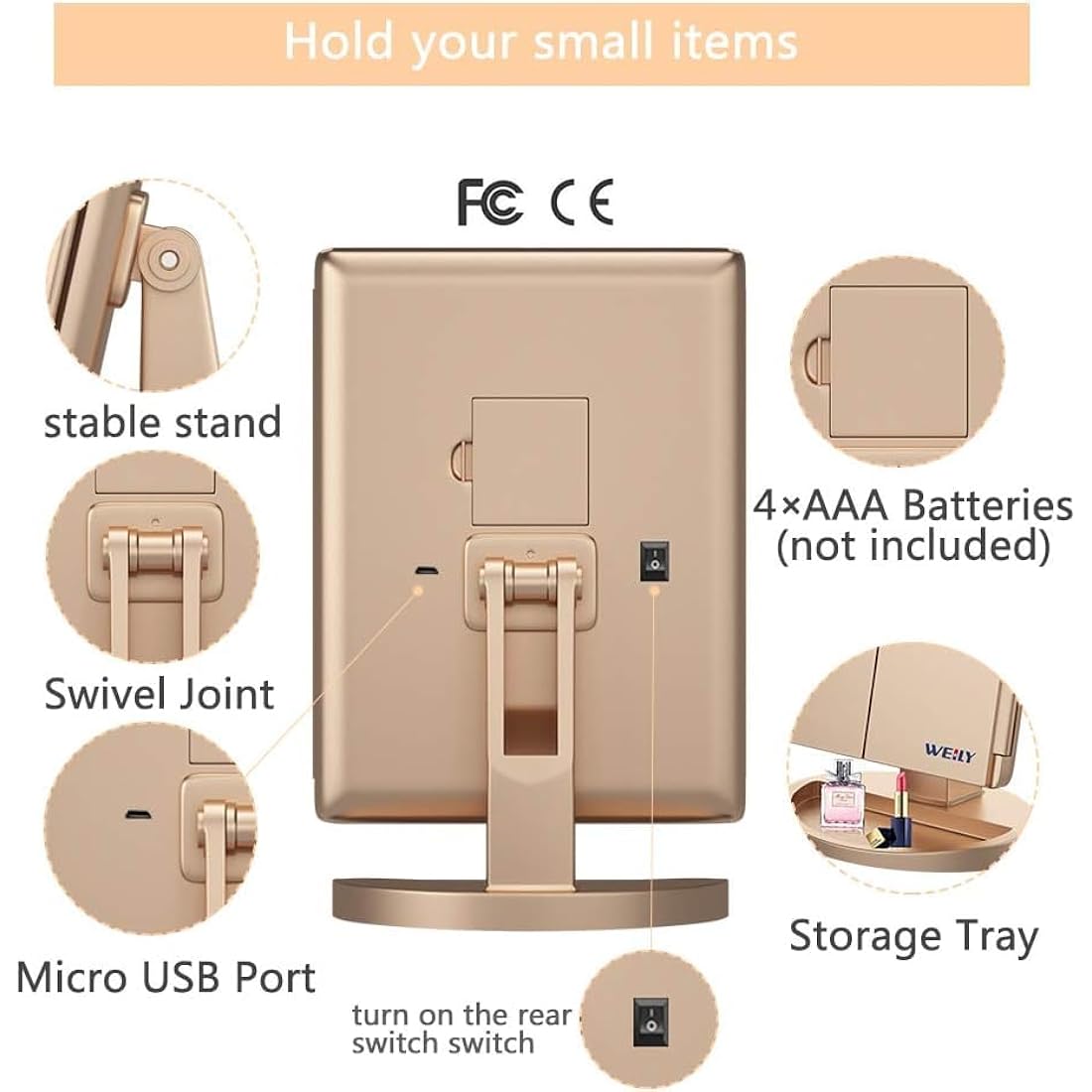 WEILY Tri-Fold Makeup Mirror with 2X/3X Magnifying 21 LEDs, 2 Power Supply Mode, Touch Switch Tabletop Cosmetic Mirror (Gold)
