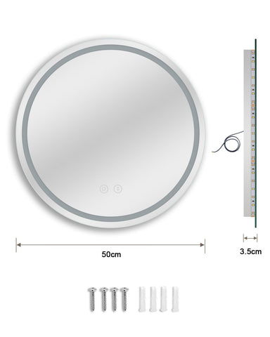 Dripex 500mm Round Bathroom Mirror with LED Light, Illuminated Circle Wall Mounted Vanity Makeup Mirror with Demister, Anti-fog, 3-Color Dimmable LED