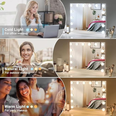 Dripex Hollywood Vanity Mirror with Lights, 50×42cm Large Lighted Makeup Mirror with 14 Dimmable LED Bulbs, USB Cable, Touchscreen Control, Cosmetic Tabletop Mirror for Bedroom, Dressing Room(White)