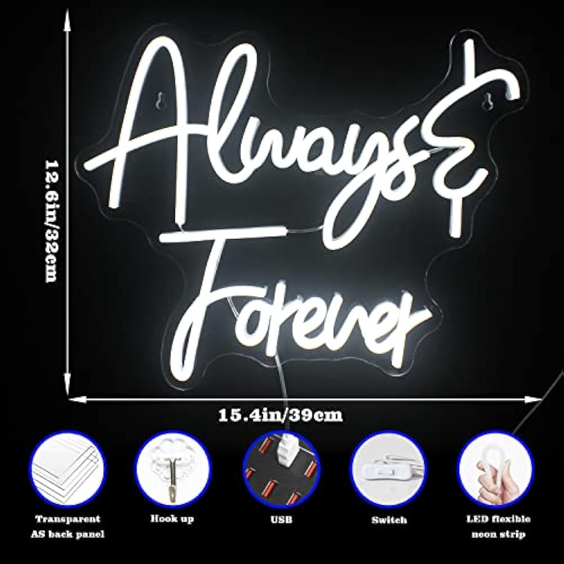 Looklight Always Forever Neon Led Sign - White Acrylic Letter USB Night Lamp for Bedroom, Wedding, Engagement, Birthday, Party, Christmas