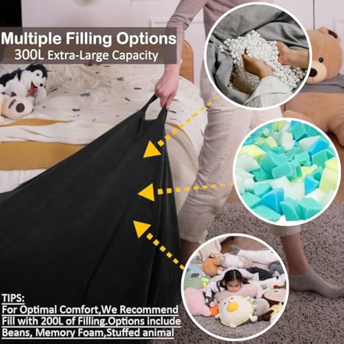 Nobildonna Bean Bag Chair Cover (No Filler) for Kids and Adults. Extra Large 300L Bean Bag Stuffed Animal Storage Washable Soft Premium Corduroy Stuffed Plush Toys Bean Bag Cover (Black)