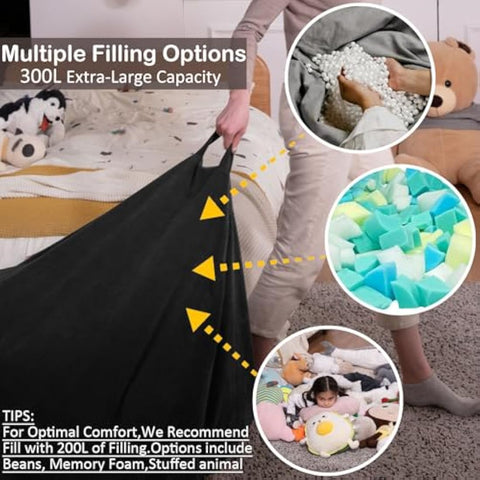 Nobildonna Bean Bag Chair Cover (No Filler) for Kids and Adults. Extra Large 300L Bean Bag Stuffed Animal Storage Washable Soft Premium Corduroy Stuffed Plush Toys Bean Bag Cover (Black)