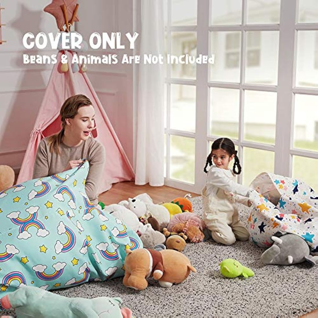 Nobildonna Stuffed Animal Storage Bean Bag Chair Cover Only for Kids and Adults, Extra Large Beanbag Without Filling Plush Toys Holder and Organizer- Premium Canvas 250L (Rainbow Stripes)
