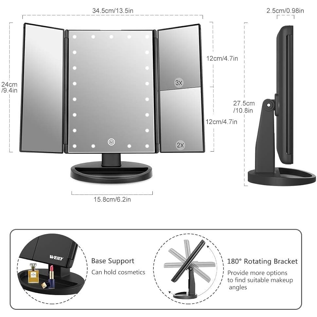 WEILY Lighted Makeup Mirror with 21 LED Lights, Dual Power Supply 2X/3X Magnifying LED, Adjustable Brightness and Angle (Black)