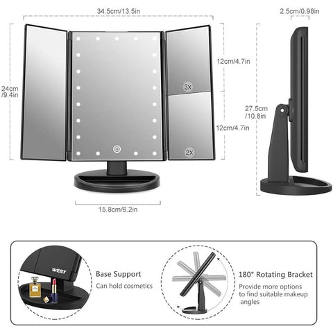 WEILY Lighted Makeup Mirror with 21 LED Lights, Dual Power Supply 2X/3X Magnifying LED, Adjustable Brightness and Angle (Black)