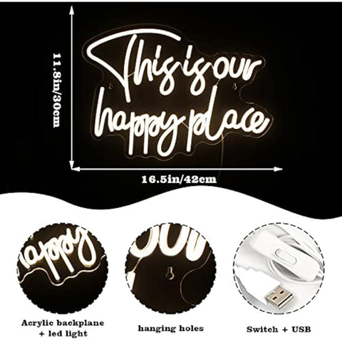 Looklight This is Our Happy Place Neon Sign Warm White Neon Signs for Wall Decor, Letter Light Sign Happy Place Light Up Signs for Bedroom Kids Room Home Bar Birthday Wedding Party Game Room