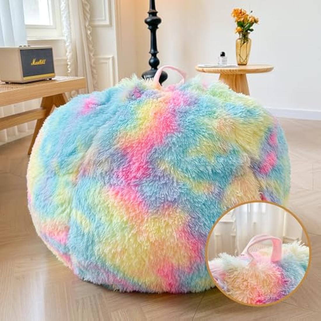 XeGe Faux Fur Comfy Bean Bag Cover for Living Room(No Filler), Tie Dye Fluffy Stuffed Animal Storage Bean Bag Chair Cover, Furry Fuzzy Big Beanbag Cover for Adult Teen Kid Girl, Anti-slip, Rainbow