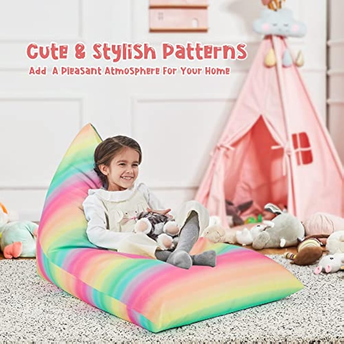 Nobildonna Stuffed Animal Storage Bean Bag Chair Cover Only for Kids and Adults, Extra Large Beanbag Without Filling Plush Toys Holder and Organizer- Premium Canvas 250L (Rainbow Stripes)