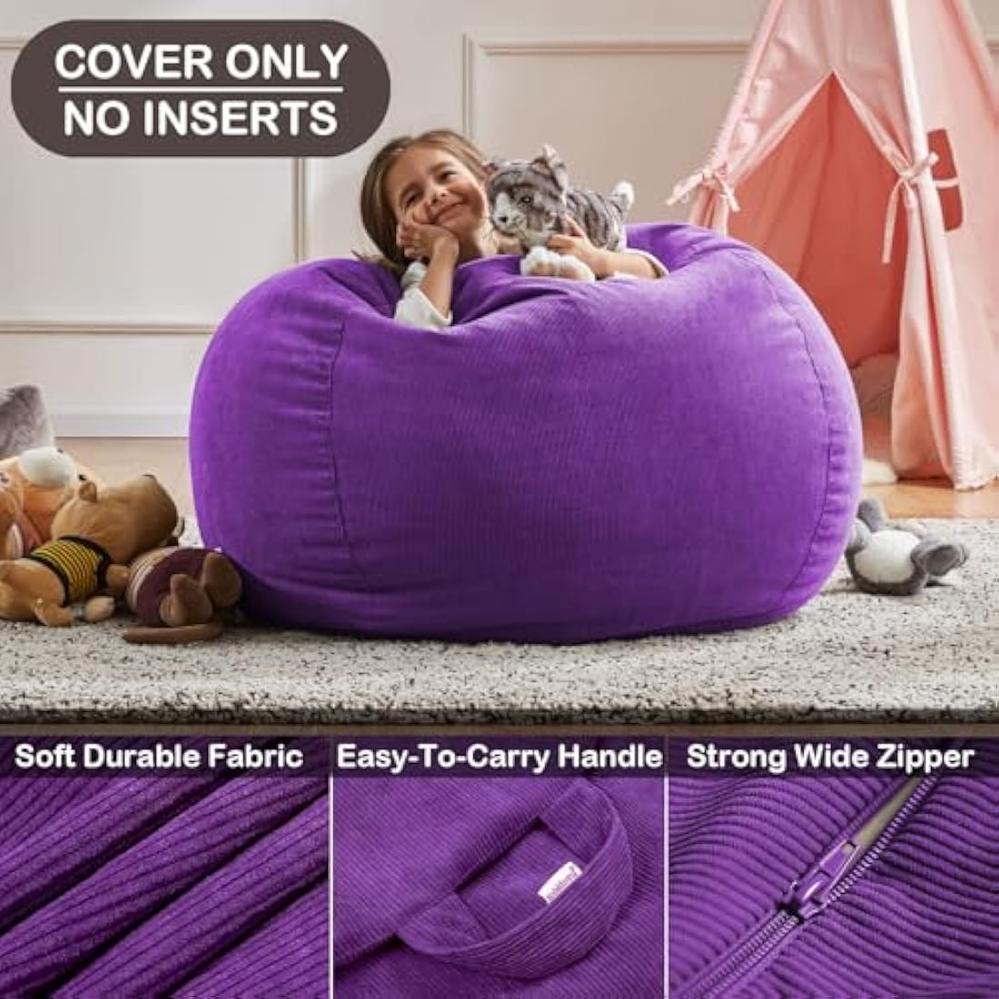 Nobildonna Bean Bag Chair Cover (No Filler) for Kids and Adults. Extra Large 300L Bean Bag Stuffed Animal Storage Washable Soft Premium Corduroy Stuffed Plush Toys Bean Bag Cover (Ultra Violet)