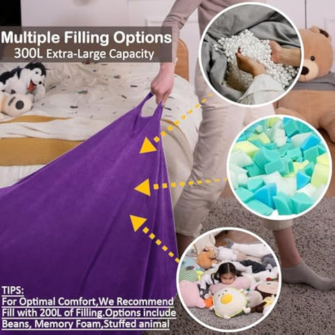 Nobildonna Bean Bag Chair Cover (No Filler) for Kids and Adults. Extra Large 300L Bean Bag Stuffed Animal Storage Washable Soft Premium Corduroy Stuffed Plush Toys Bean Bag Cover (Ultra Violet)