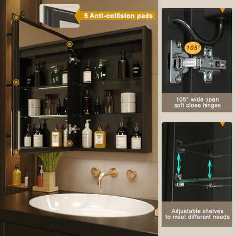 KWW 50 x 70 cm LED Lighted Bathroom Medicine Cabinet with Mirror, Defogger, Dimmer, 3 Color Light Makeup Mirror, Easy to Install, Wall Mounted Medicine Cabinet without Socket & USBs