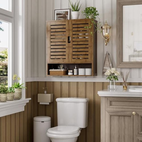 SMIBUY Bathroom Cabinet Wall Mounted, Bamboo Over-The-Toilet Storage Organizer, Space Saver Medicine Cabinet with 2 Door and Adjustable Shelves (Walnut)