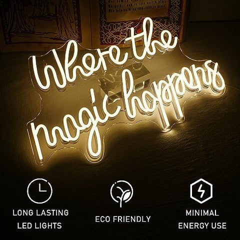 Where The Magic Happens Neon Signs Led White Word Light Up Signs for Wall USB Powered Letter Neon Light Signs Night Light for Bedroom Wedding Birthday Decor Girl Gift