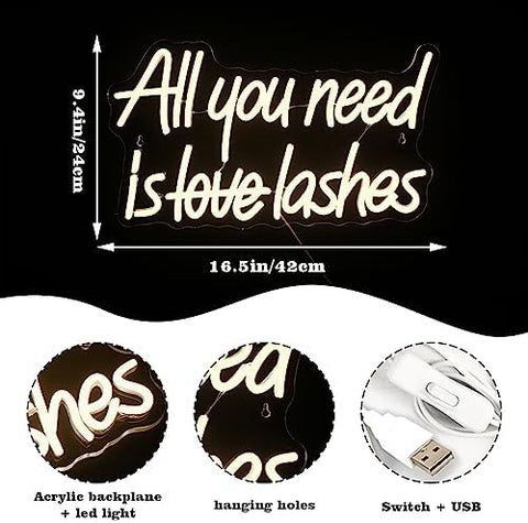 Looklight All You Need is Lashes Neon Sign Lashes Neon Signs for Wall Decor, Light up Signs Warm White Neon Sign USB Letter Neon Light Sign for Bedroom Beauty Girl Room Makeup Room Bar Party