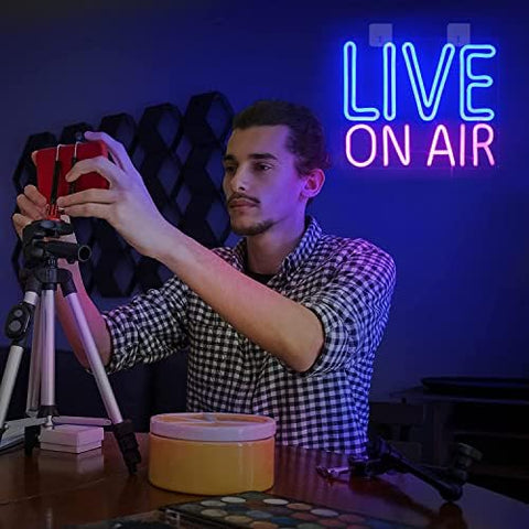 Looklight Live On Air Neon Sign Blue Pink Letters Led Neon Light On Air Sign Neon Word Sign Led Wall Art for Studio Bedroom Game Room Party Streaming Bar Club Decoration with USB Power