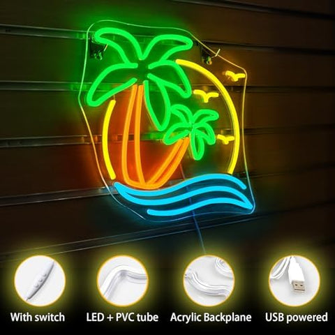 Horseneon Palm Tree Neon Sign Coconut Tree Neon Lights LED Light Sign USB Powered Neon Lights Sea Neon Signs for Bedroom Summer Beach Restaurant Man Cave Beer Cafe Bistro Club Party Decor